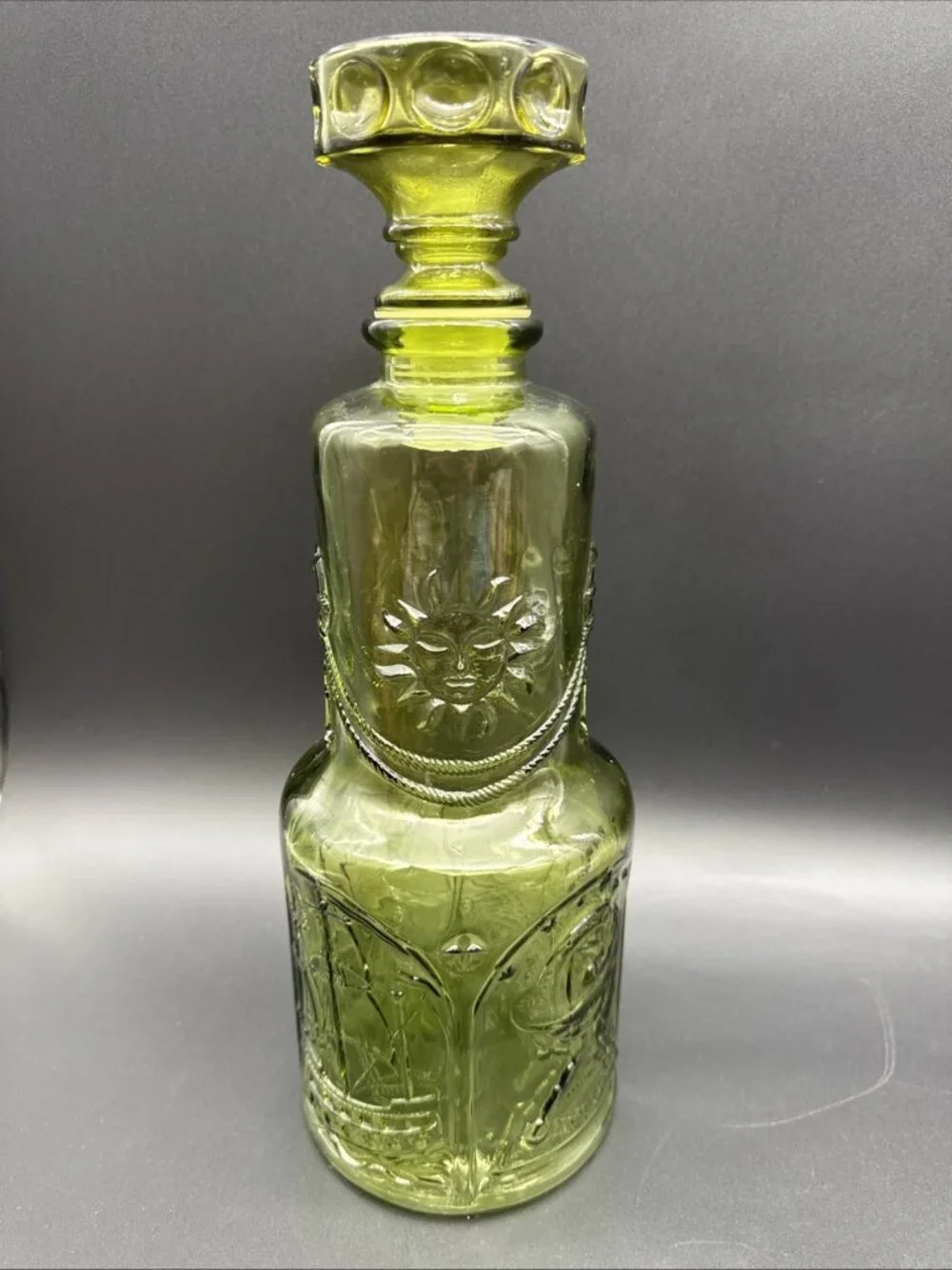 VTG MCM Empoli Nautical Celestial Ship Sun Avocado Green Glass Decanter Barware